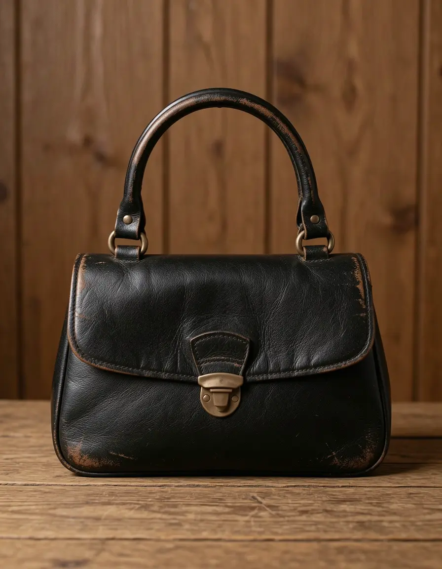 Schwarze Damen Leder Handtasche Vintage Design