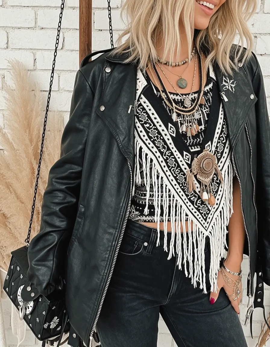 Schwarze Damenhandtasche aus Leder im Boho-Look