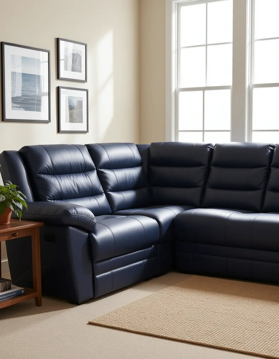Dunkelblaues Ledersofa mit elektrischer Relaxfunktion
