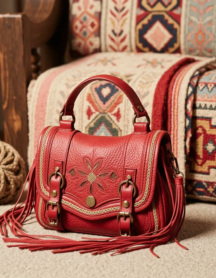 Rote Lederhandtasche im Boho-Stil