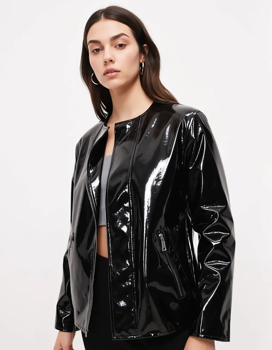 Glänzende schwarze Lacklederjacke im modernen Schnitt
