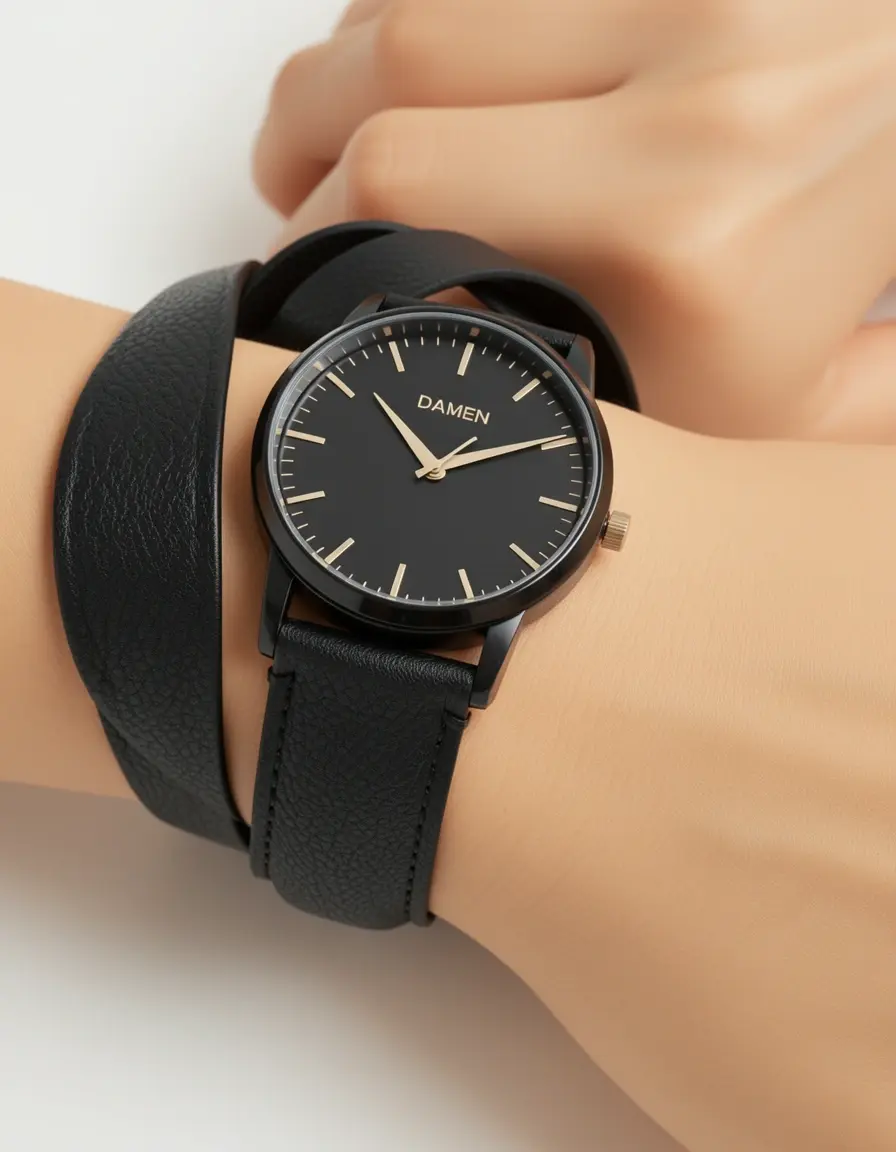 Schwarze Designer Lederarmbanduhr für Damen im modernen Stil