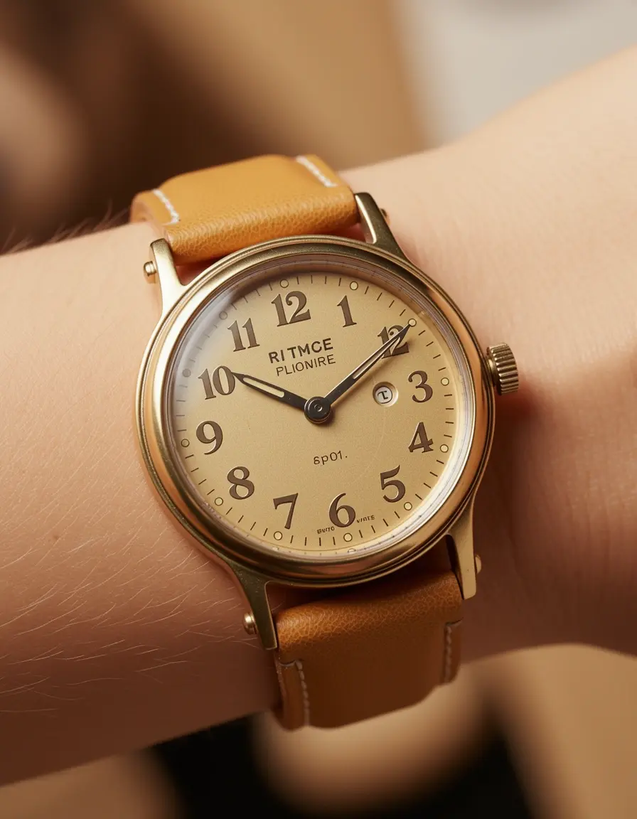Retro Damenarmbanduhr mit hellbraunem Lederarmband