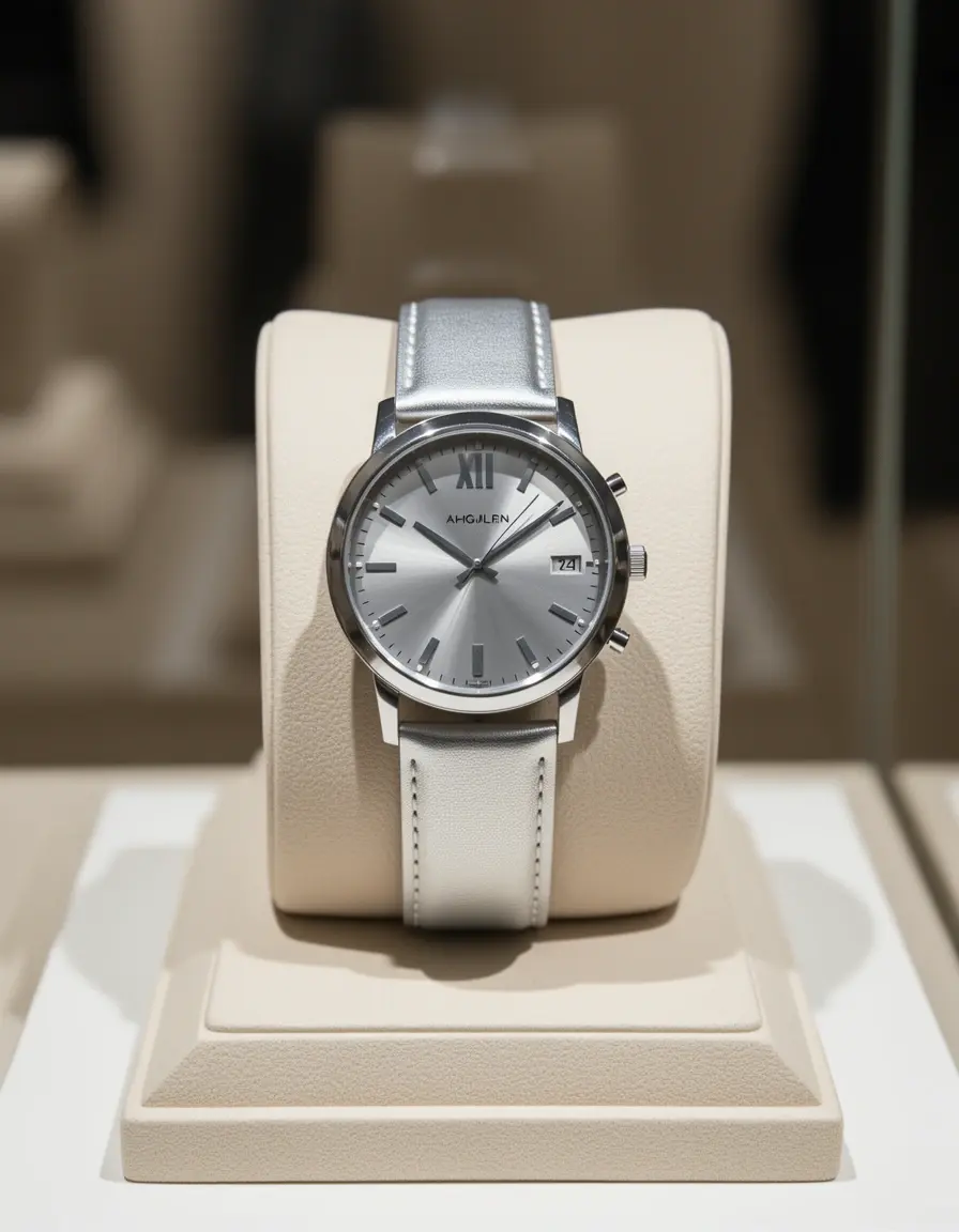 Moderne silberne Armbanduhr mit Lederstrap für Damen