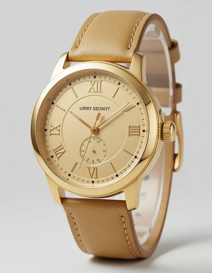 Luxuriöse Damenuhr mit goldenem Gehäuse und Lederarmband
