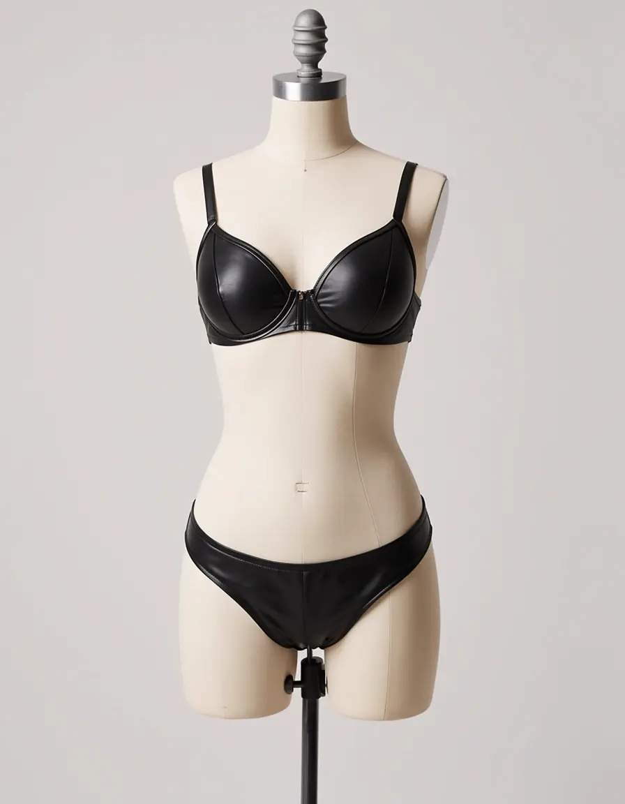 Schwarzes Leder Dessous Set an einer Schaufensterpuppe