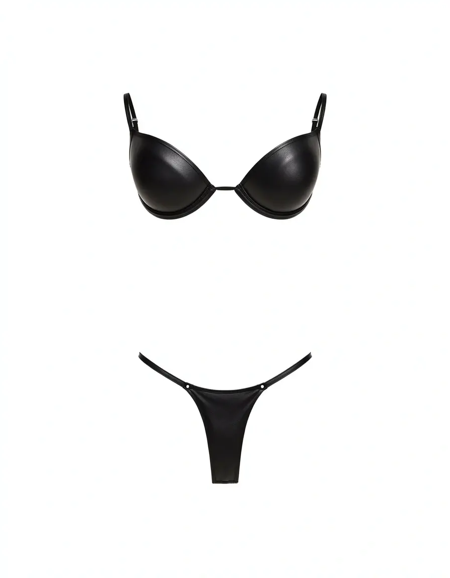 Schwarzes Leder Thong und BH Set
