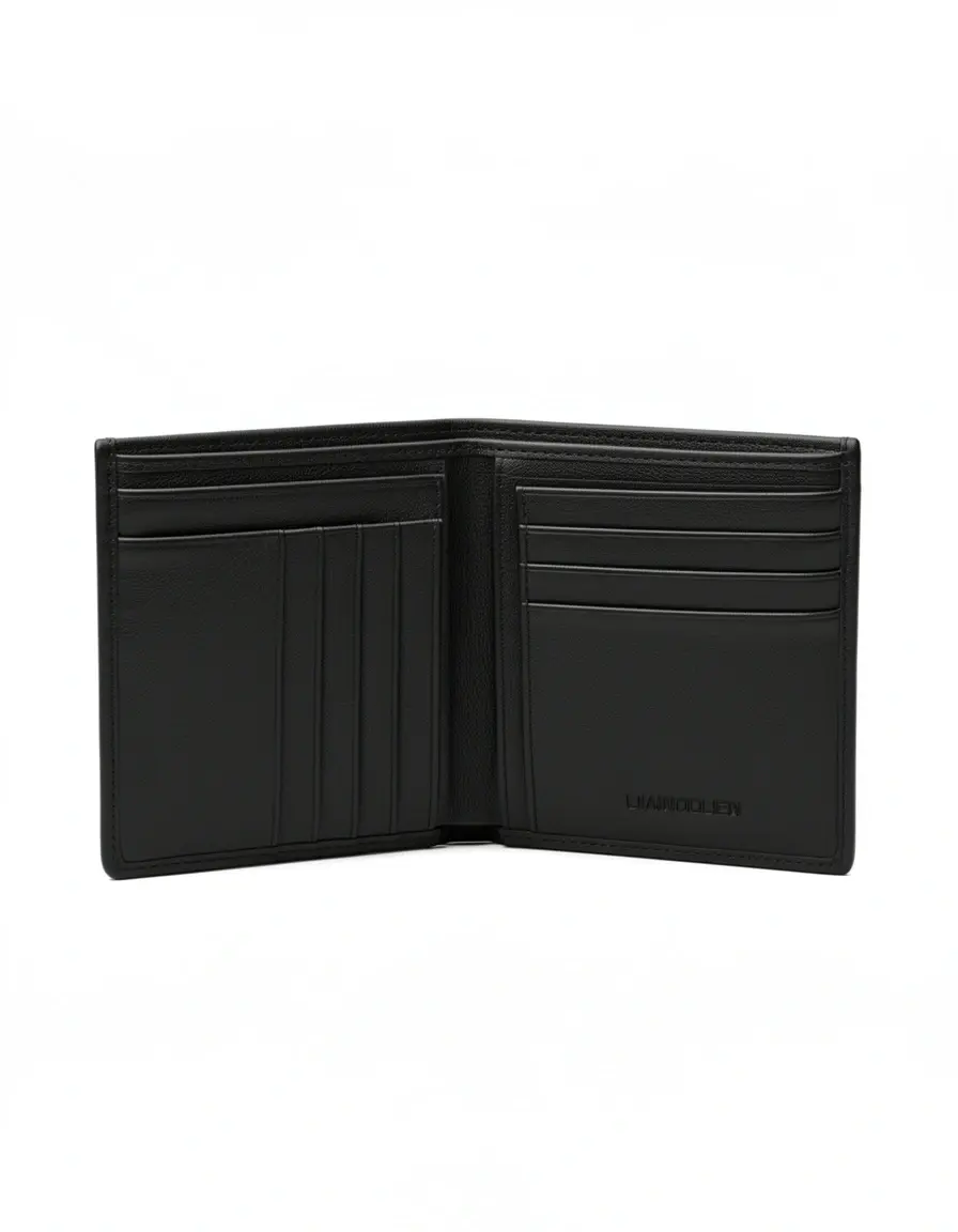 Schwarzer Bifold Leder Geldbeutel für Herren offenliegend