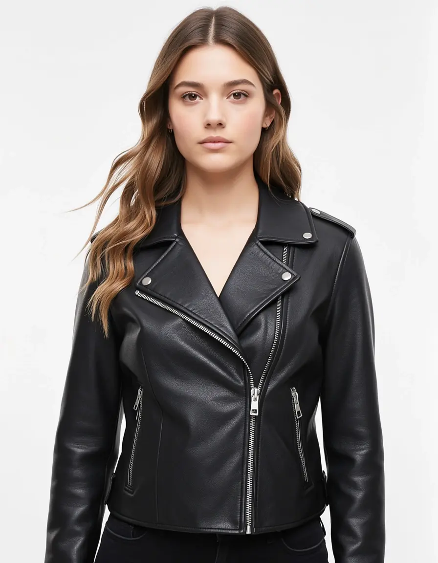 Schwarze Biker Lederjacke Damen mit silbernen Details