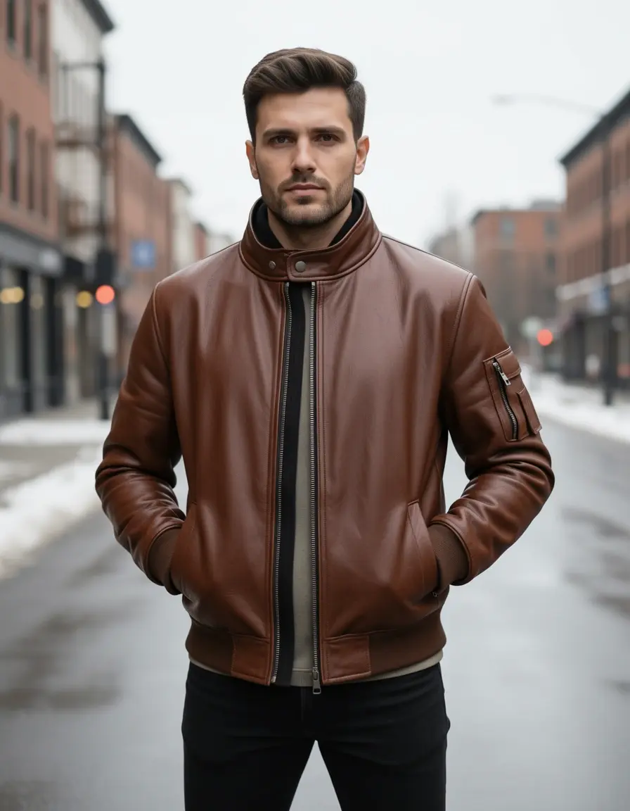 Braune Bomber Lederjacke Damen isoliert