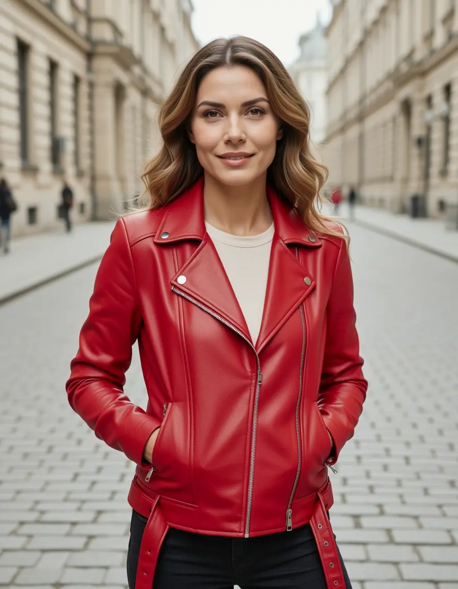 Rote Moto Lederjacke Damen im sportlichen Design