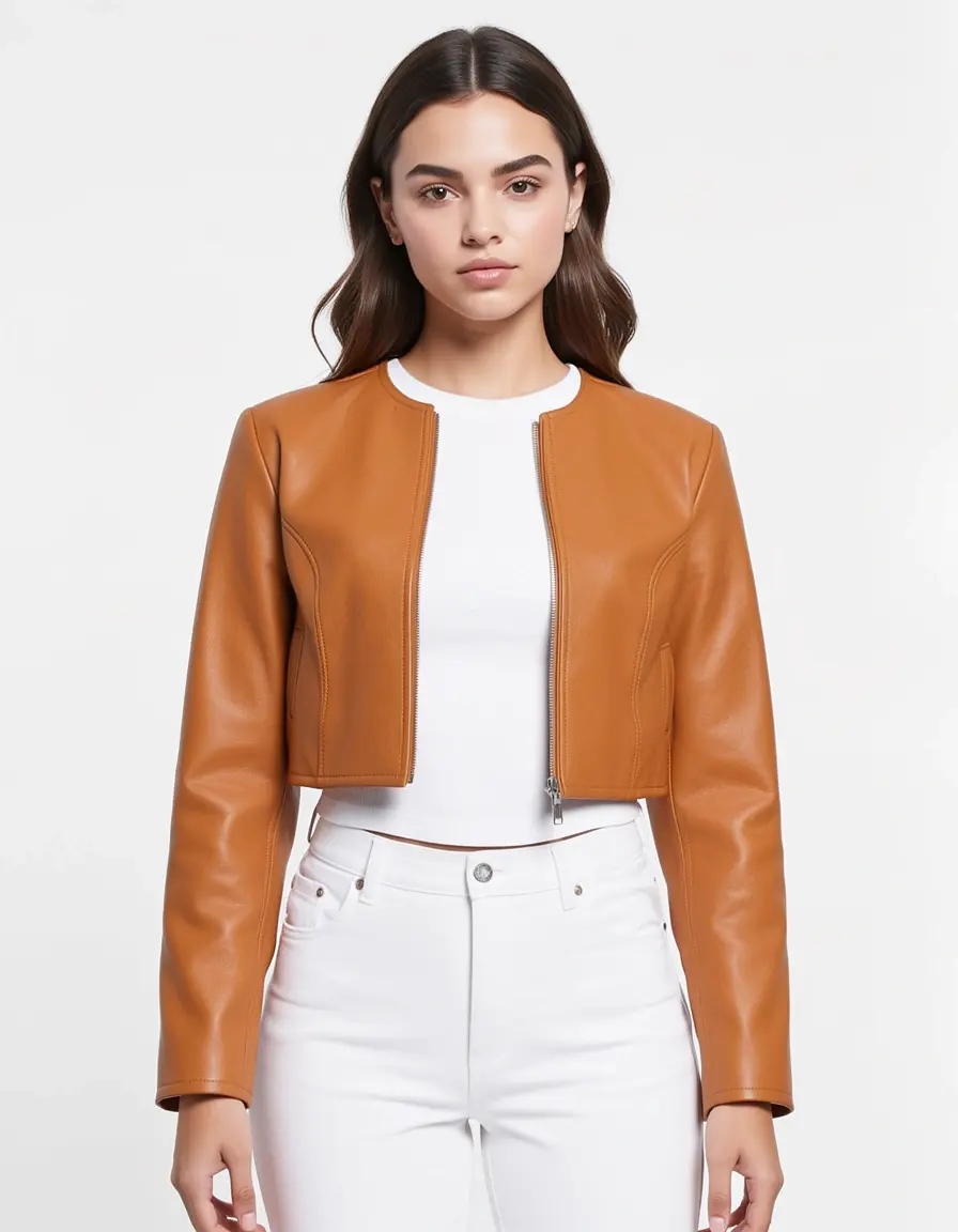 Kurz geschnittene braune Lederjacke Damen