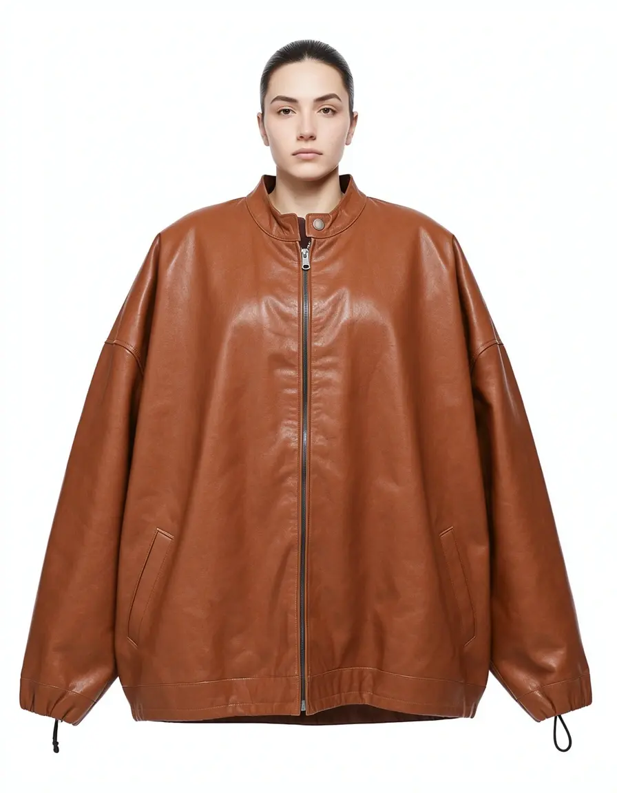Braune Oversized Lederjacke Damen weit geschnitten