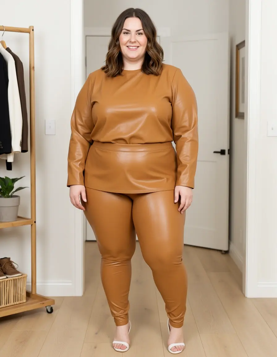 Plus Size Leder Leggings Damen in hellem Braun