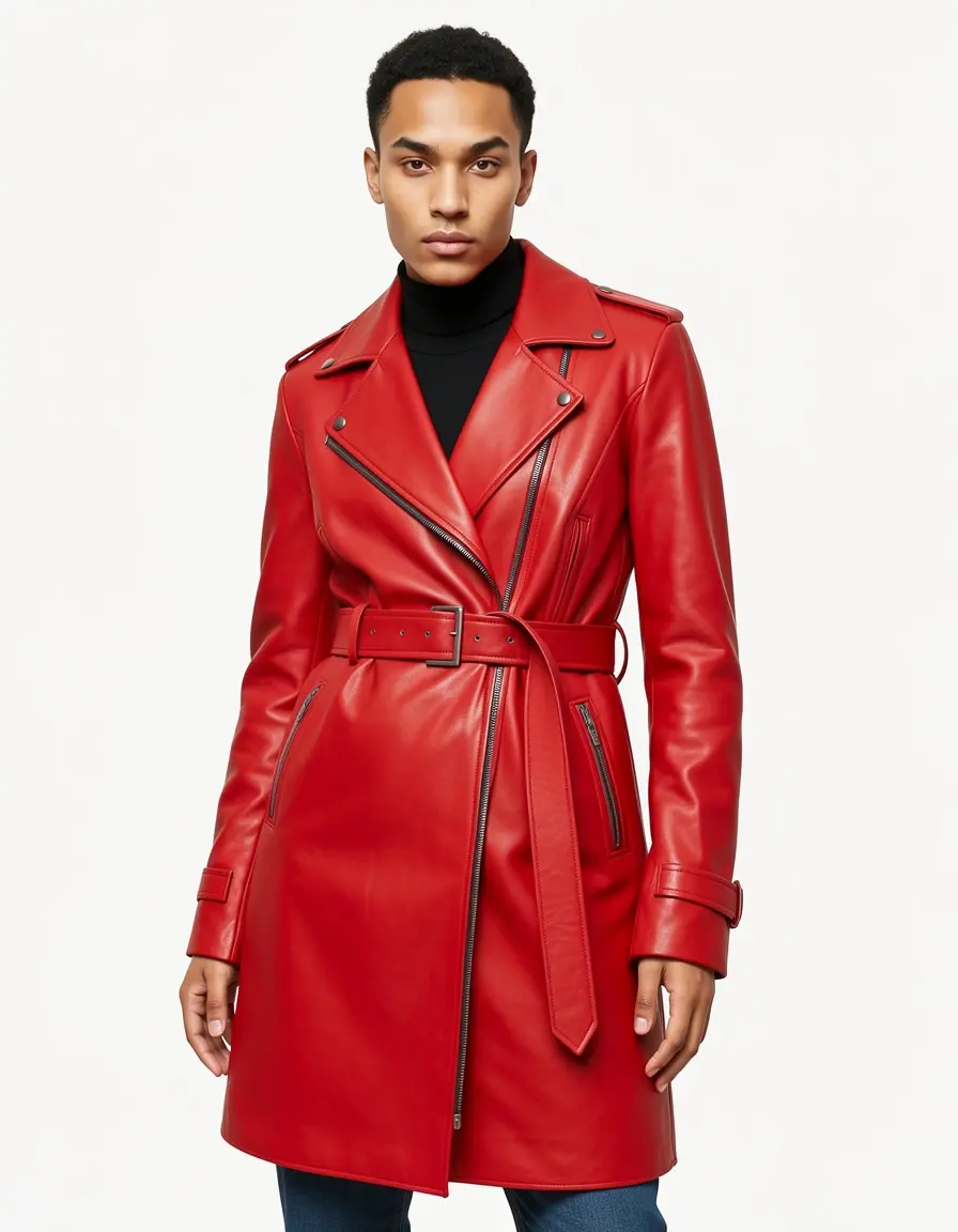 Roter Ledermantel im Moto-Stil