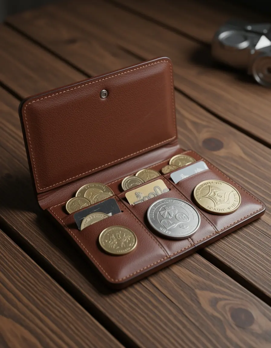 Photorealistic image of coin compartment leather wallet