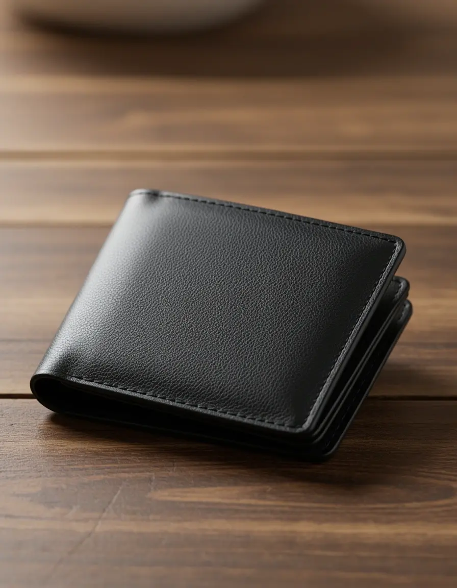 Photorealistic image of bifold black leather portemonnaie