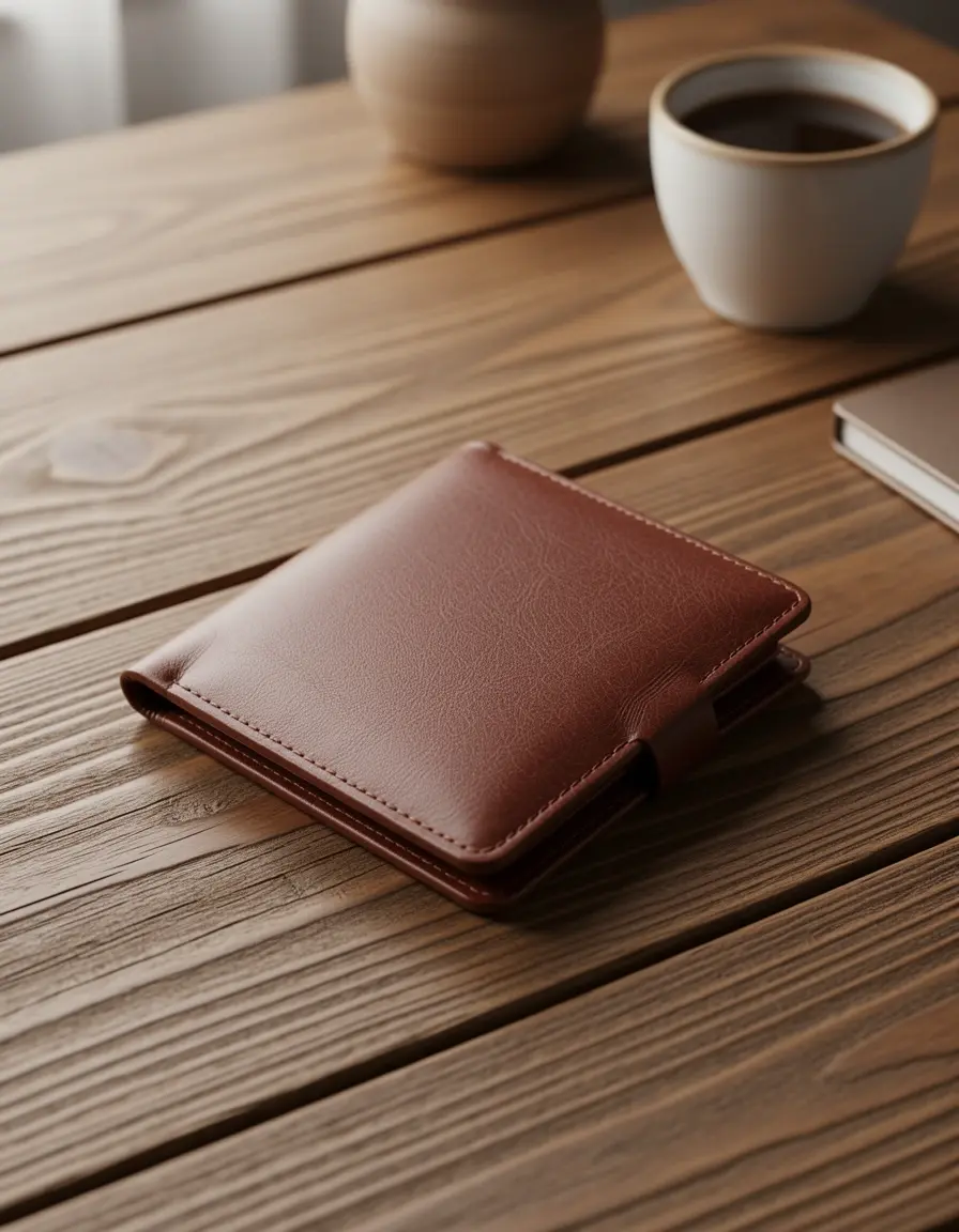 Photorealistic image of slim leather wallet
