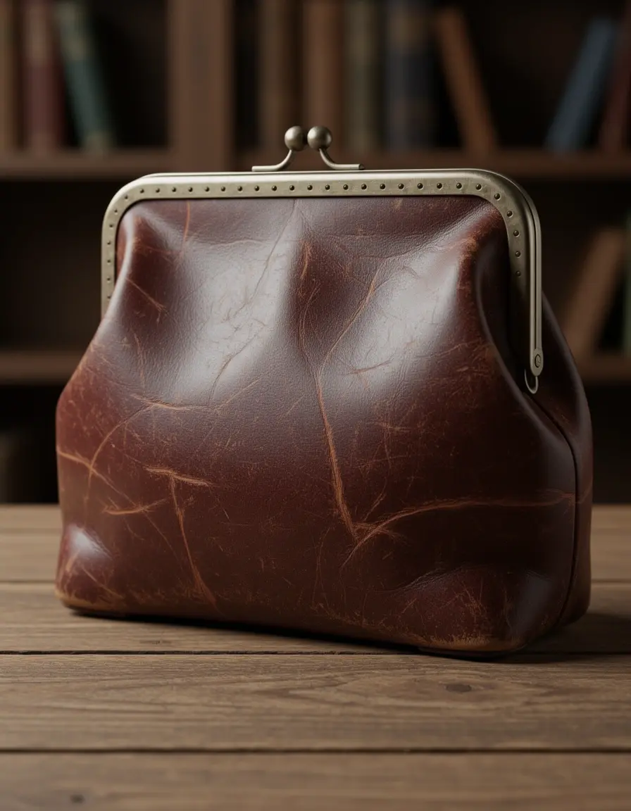 Photorealistic image of vintage distressed leather purse