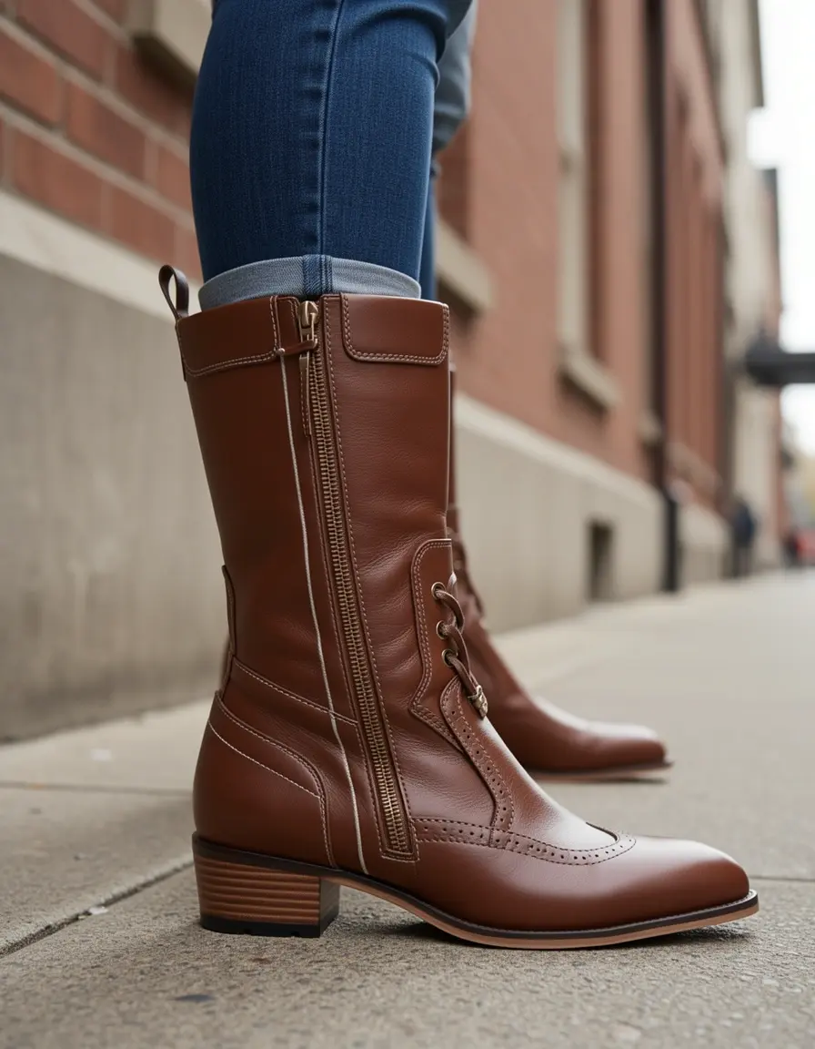 Braune Leder Combat Boots Damen mit Profilsohle