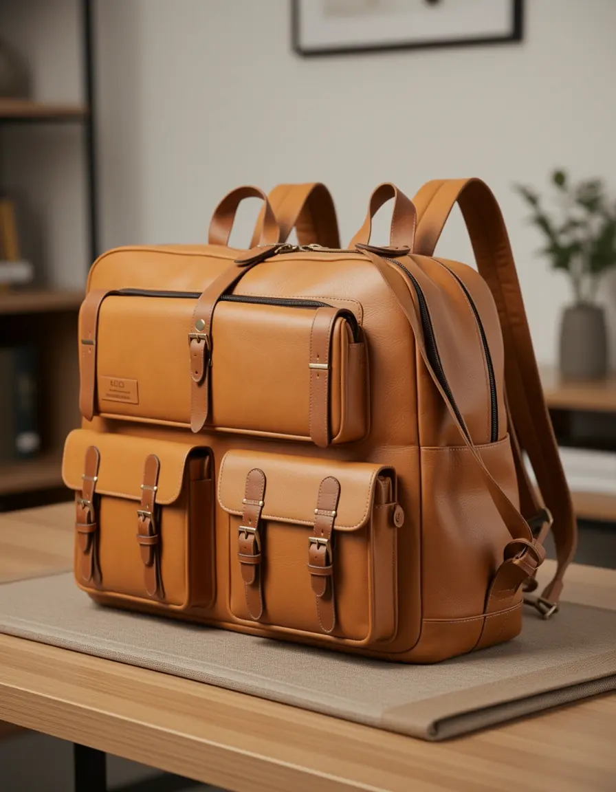 Professioneller hellbrauner Lederrucksack für das Büro