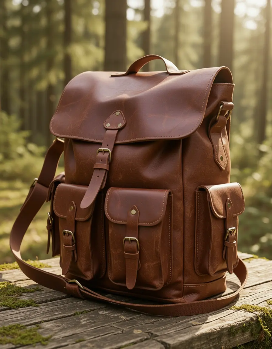 Robuster Wanderrucksack aus dickem braunem Leder